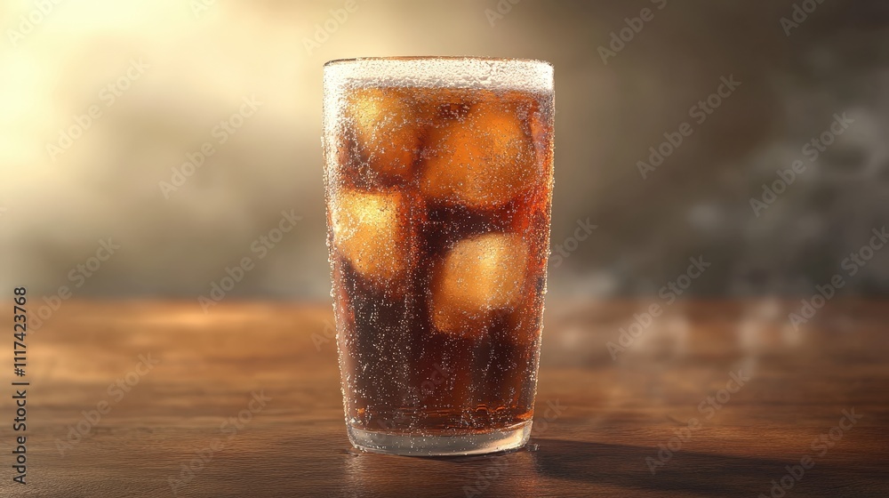 Ice-cold soda in a frosted glass, condensation dripping down