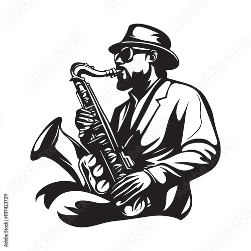 Musician with Saxophone and Hat Performing Jazz Vector Image Isolated on White