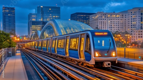 Metro Train Entering Urban Station with Vivid Lighting