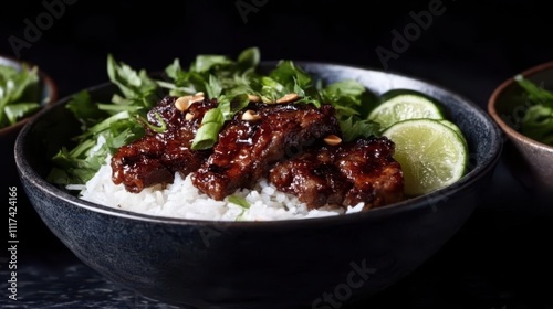 Savory beef stir-fry over rice with fresh herbs and lime wedges.