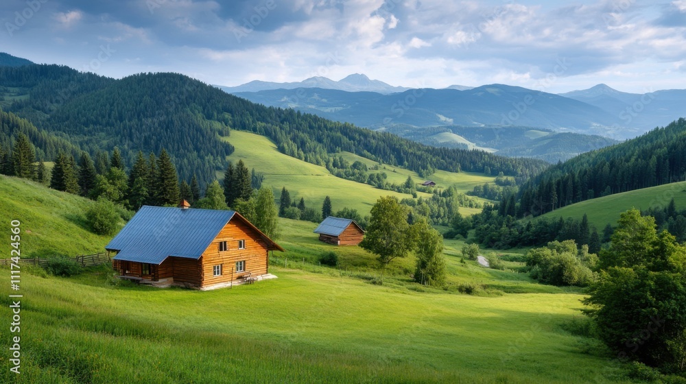Serene Organic Farm Landscape with Mountains and Valleys Serene Organic Farm Landscape with Mountains and Valleys