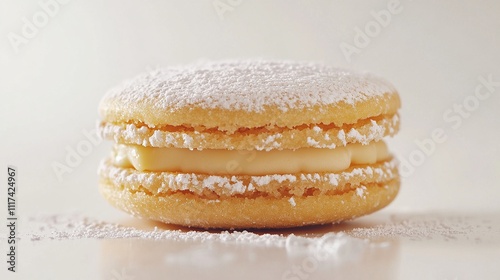 Close-up of one alfajor, Cookies are perfectly golden in color, gently sprinkled with powdered sugar on top.