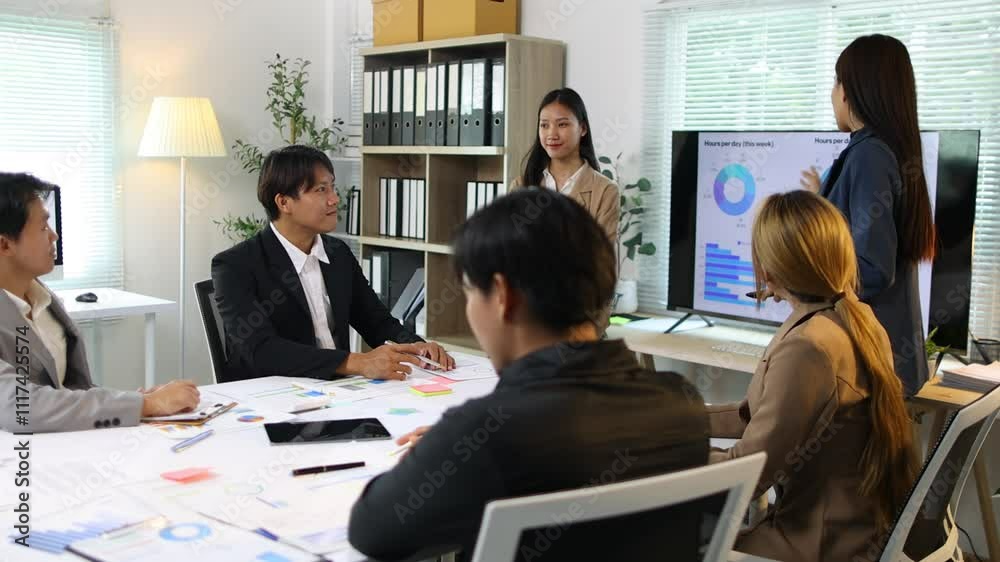 Asian businesswoman giving presentation using digital screen. Business teams analyze financial charts and graphs while a businesswoman explains strategies to colleagues. Asian businesswoman giving presentation using digital screen. Business teams analyze financial charts and graphs while a businesswoman explains strategies to colleagues.