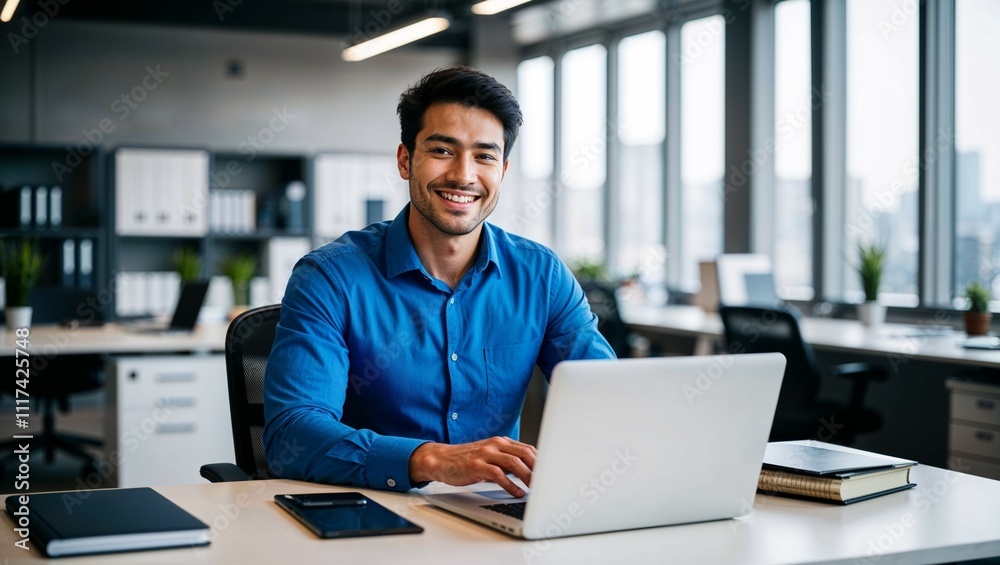 A handsome businessman, smiling, is working on his laptop at his desk in a modern office A handsome businessman, smiling, is working on his laptop at his desk in a modern office