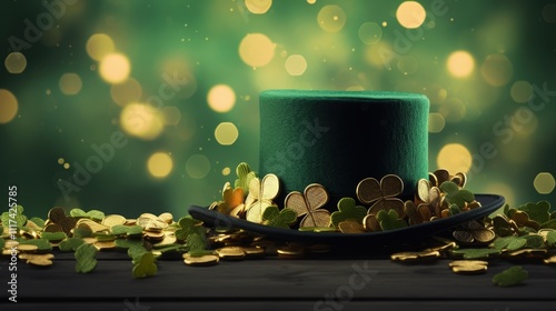 leprechaun hat with clover leaf on blurred background, St. Patrick's day holiday symbol. Lucky green clover and nature background photo