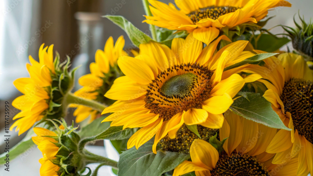 Obraz premium Bright bouquet of yellow sunflowers with green leaves, light background, close-up.