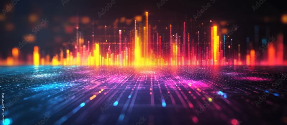 Abstract digital cityscape with glowing lines and vibrant colors.