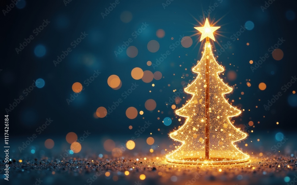 A glowing Christmas tree stands out against a background, surrounded by sparkling lights. A glowing Christmas tree stands out against a background, surrounded by sparkling lights.