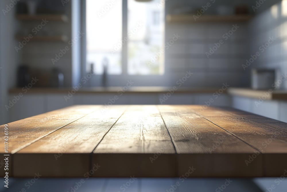 A close-up of a wooden kitchen table with soft lighting and a blurred kitchen background. A close-up of a wooden kitchen table with soft lighting and a blurred kitchen background.