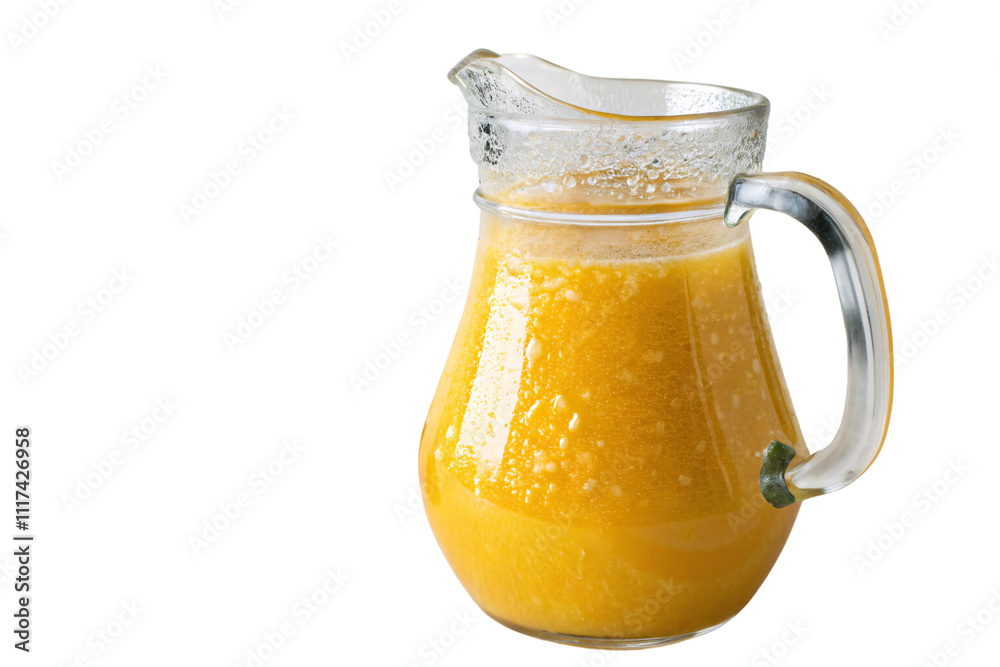 A transparent pitcher brimming with bright, pulpy orange juice. The glass’s condensation and frothy texture evoke refreshment and natural goodness, isolated on a transparent background A transparent pitcher brimming with bright, pulpy orange juice. The glass’s condensation and frothy texture evoke refreshment and natural goodness, isolated on a transparent background