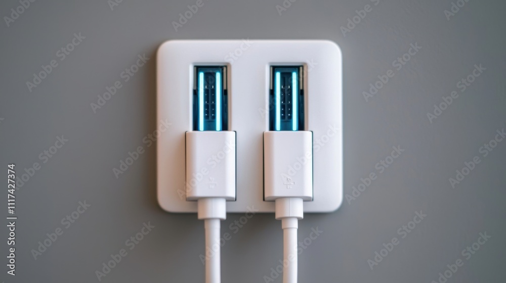 Electrical outlets plug and compact, Two USB ports on a white wall socket with connected cables, set against a minimalist gray background, highlighting modern charging technology. Electrical outlets plug and compact, Two USB ports on a white wall socket with connected cables, set against a minimalist gray background, highlighting modern charging technology.