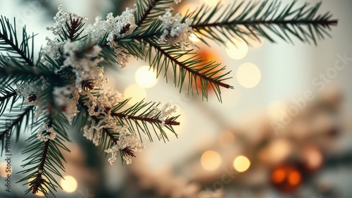 A close-up of a frosted pine branch with a bokeh background of warm holiday lights
