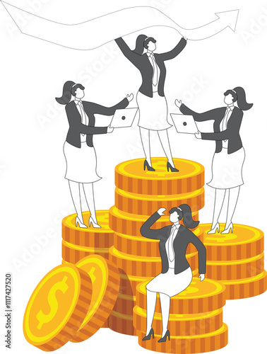 Growing business with a growing team, business marketing growth, increased revenue, rising profits, investing money, isometric gold piles stacked on a pedestal with a group of businesswomen on the ped