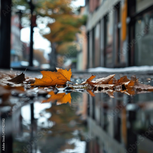 Autumn leaves falling city street nature photography urban environment ground level seasonal beauty
