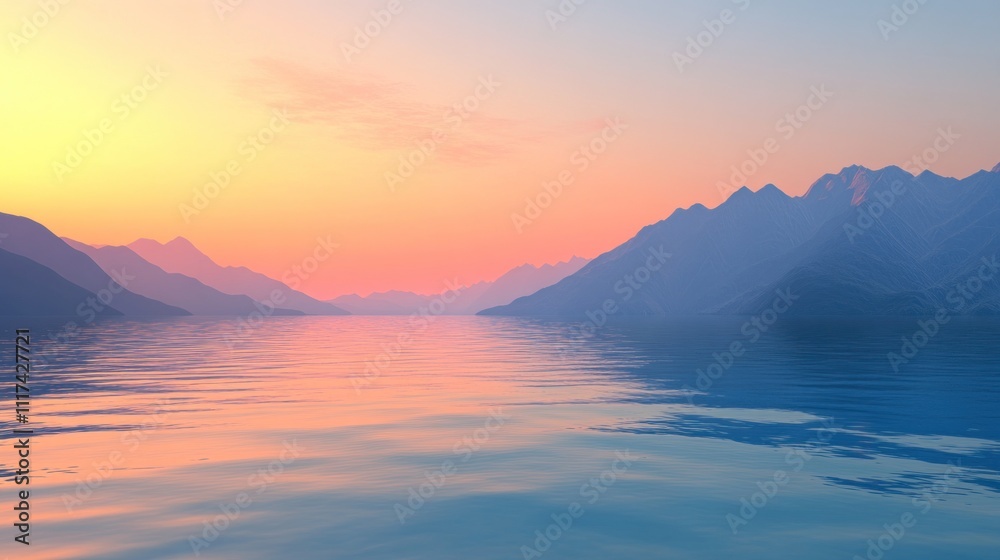 Serene sunset over calm waters and mountains, evoking tranquility and natural beauty. Serene sunset over calm waters and mountains, evoking tranquility and natural beauty.