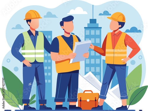 builders planning design builders discussing teamwork civil engineers meeting vector illustration graphic design artwork
