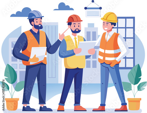 builders planning design builders discussing teamwork civil engineers meeting vector illustration graphic design artwork