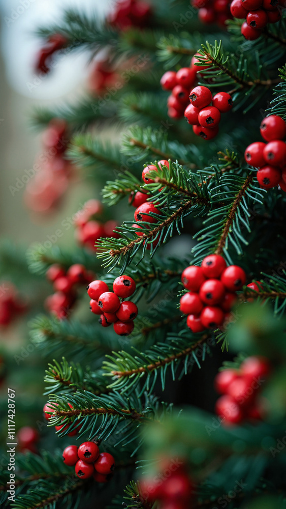 Festive Christmas Tree Branches with Red Berries: Perfect for Holiday Marketing, Greeting Cards, and Seasonal Promotions
