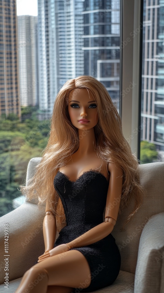 Stylish doll in a black dress seated indoors with a cityscape view in the background. Stylish doll in a black dress seated indoors with a cityscape view in the background.