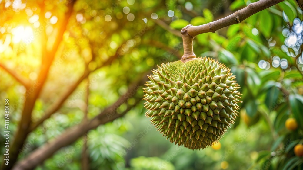 close up of a durian on durian tree close up of a durian on durian tree