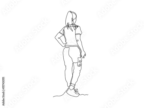 girl in trousers is standing with her back, continuous single line art drawing sketch, logo