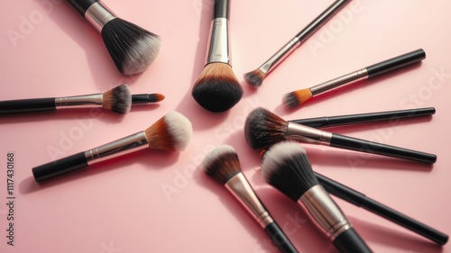 A collection of various makeup brushes with different sizes and shapes arranged on a soft pink surface, showcasing the tools of a beauty enthusiast.