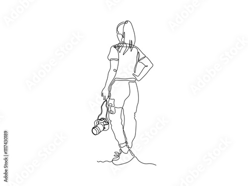 girl in trousers is standing with her back with a SLR camera in her hand, continuous single line art drawing sketch, logo