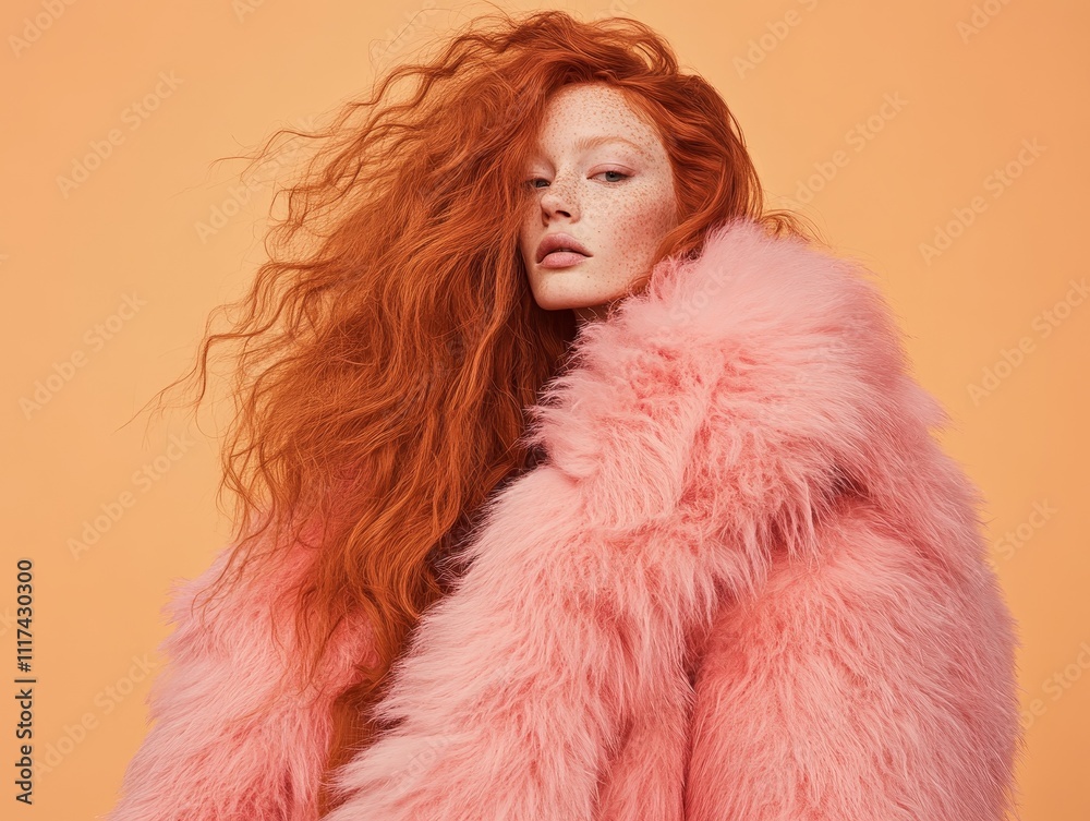 Striking portrait of a confident redhead woman in a fluffy pink fur coat against a peach background, showcasing bold fashion style. Striking portrait of a confident redhead woman in a fluffy pink fur coat against a peach background, showcasing bold fashion style.
