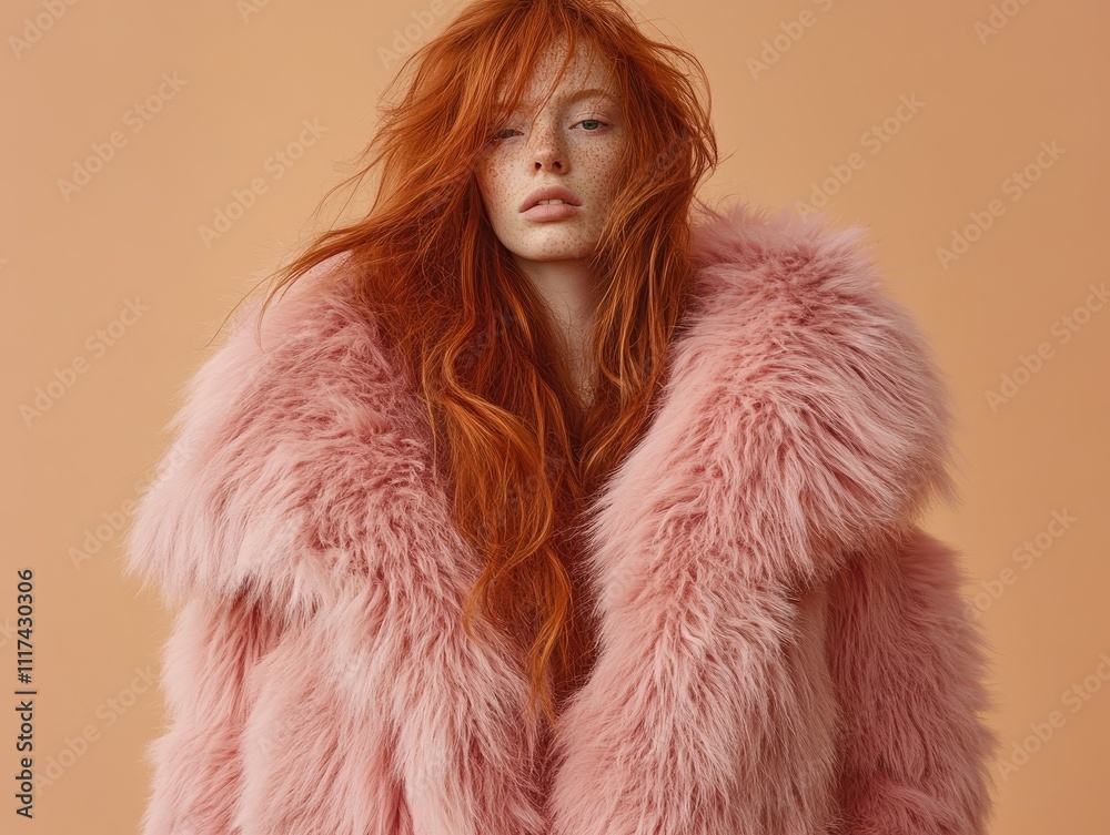 Stylish portrait of a red-haired woman in a pink faux fur coat, exuding elegance and modern fashion trends. Stylish portrait of a red-haired woman in a pink faux fur coat, exuding elegance and modern fashion trends.