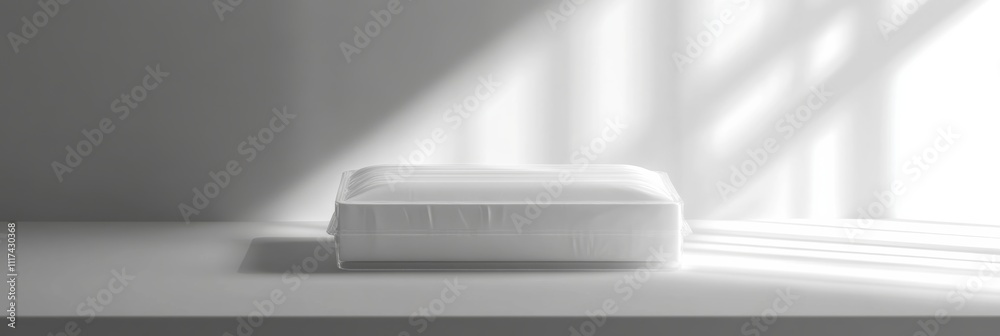 A 3D-rendered plastic package with a frosted appearance, carefully isolated in a spacious, monochromatic setting A 3D-rendered plastic package with a frosted appearance, carefully isolated in a spacious, monochromatic setting