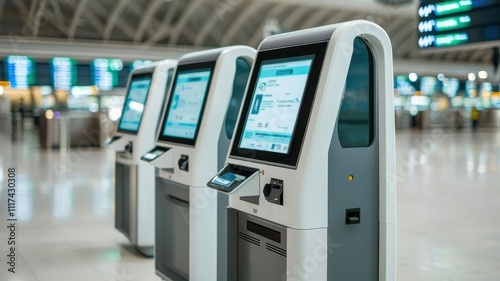 A high-tech travel kiosk at an international airport, offering services like visas, tickets, and weather updates. photo