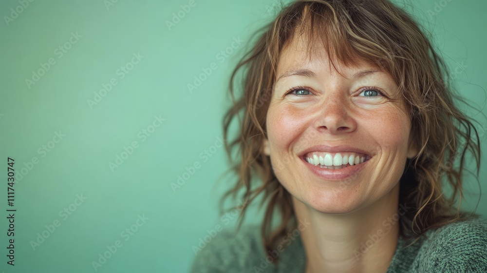 Close-up photo of a cheerful woman smiling warmly, conveying happiness and positivity against a plain background. Close-up photo of a cheerful woman smiling warmly, conveying happiness and positivity against a plain background.