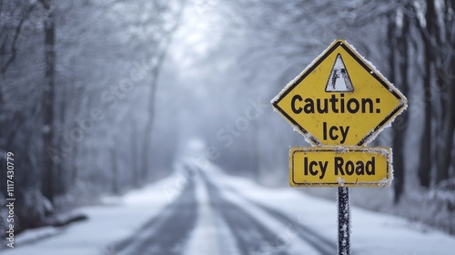 Caution icy road sign on snowy road.
