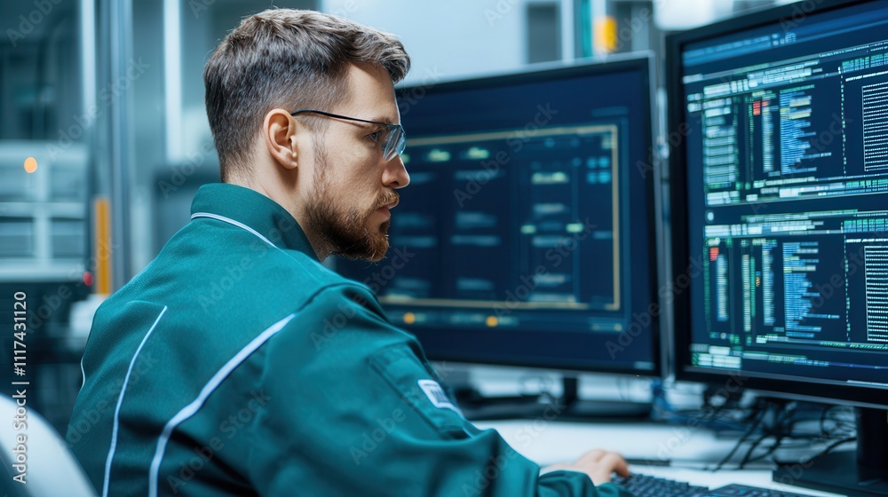 Information technology integrates cybersecurity. Technician working on dual computer screens Information technology integrates cybersecurity. Technician working on dual computer screens