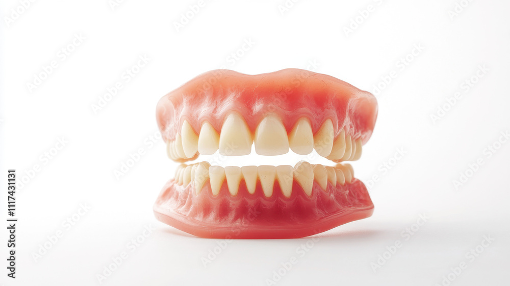 Close-up of a set of artificial dentures with realistic pink gums and white teeth, displayed against a bright white background for emphasis. Close-up of a set of artificial dentures with realistic pink gums and white teeth, displayed against a bright white background for emphasis.
