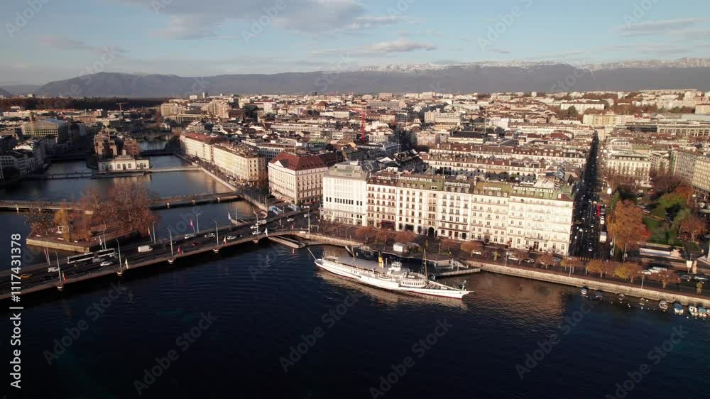 High view of the Geneva, Switzerland waterfront, pristine 4K drone footage. High view of the Geneva, Switzerland waterfront, pristine 4K drone footage.