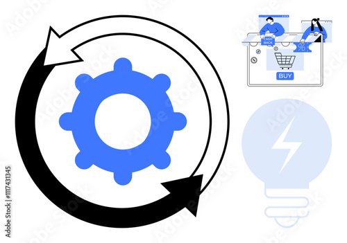 Gear enclosed in a cycle arrow, tablet screen with online shopping and people, light bulb icon. Ideal for business automation, e-commerce, process improvement, innovation, technology, digital