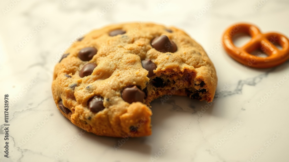 A partially eaten chocolate chip cookie rests on a white marble surface, offering a glimpse of the sweet and chewy texture within. A partially eaten chocolate chip cookie rests on a white marble surface, offering a glimpse of the sweet and chewy texture within.
