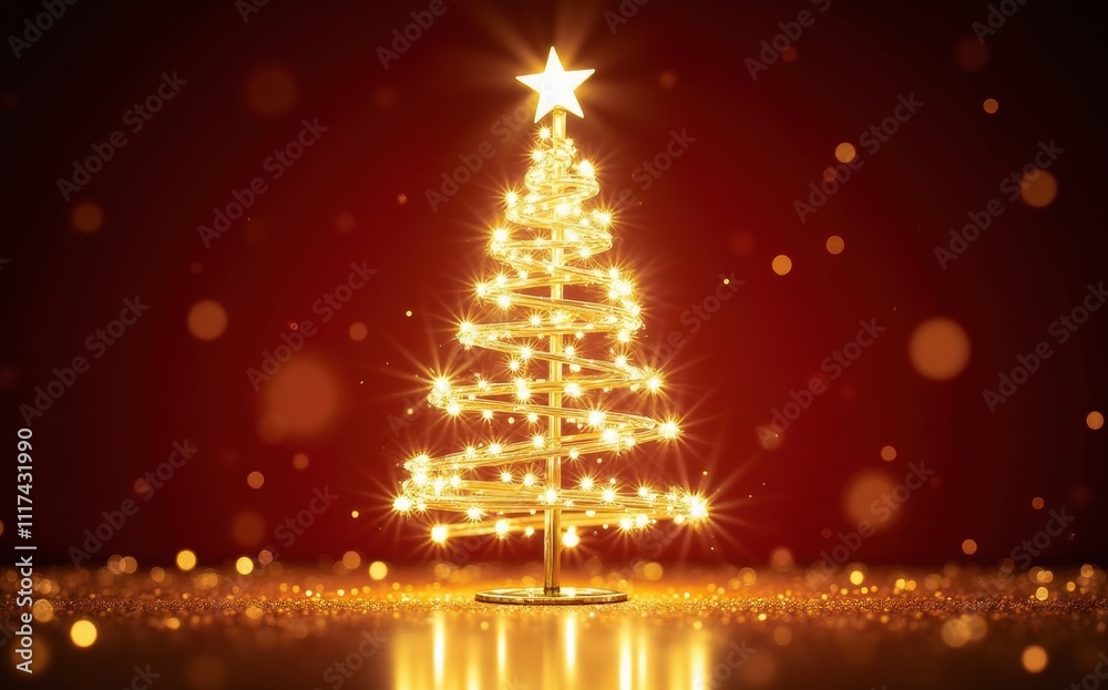 A glowing Christmas tree stands out against a background, surrounded by sparkling lights. A glowing Christmas tree stands out against a background, surrounded by sparkling lights.