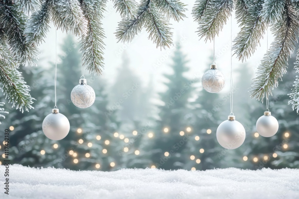 A winter scene with snowy branches and decorative ornaments against a blurred forest background. A winter scene with snowy branches and decorative ornaments against a blurred forest background.