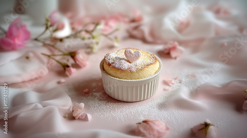 A fluffy dessert in a white ramekin topped with a powdered sugar heart, surrounded by pink flowers and fabric.