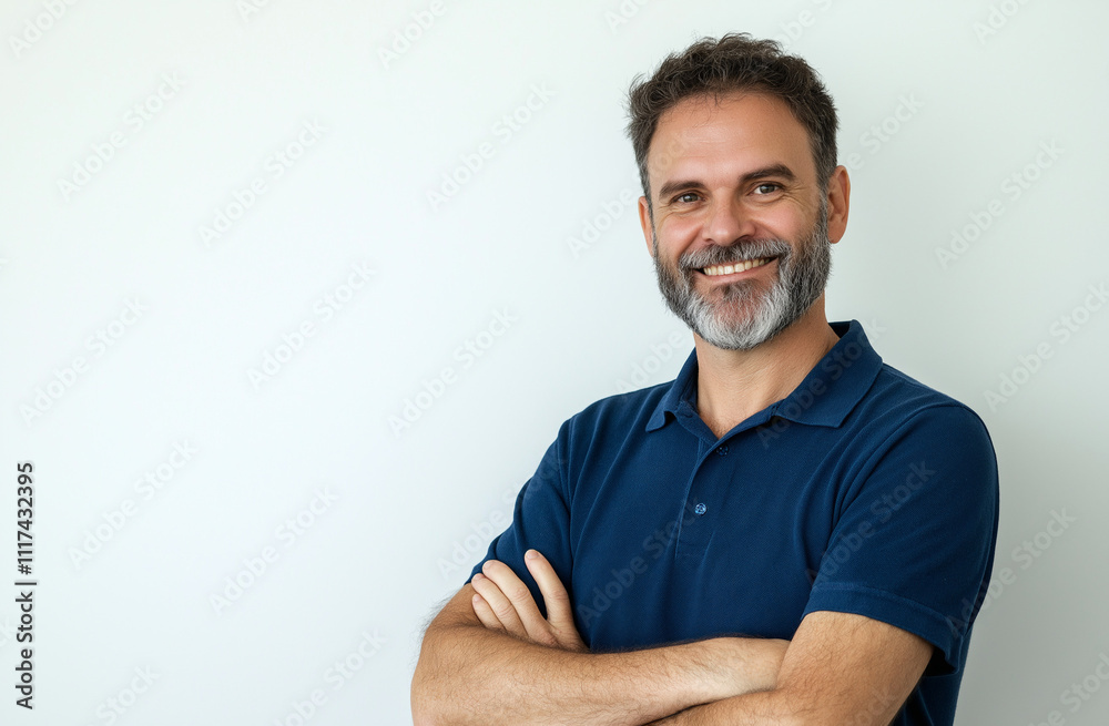 Portrait of a happy, bearded man in a blue polo shirt, standing confidently with arms crossed against a white background. Ideal for professional profiles, ads, or templates with ample space for added Portrait of a happy, bearded man in a blue polo shirt, standing confidently with arms crossed against a white background. Ideal for professional profiles, ads, or templates with ample space for added