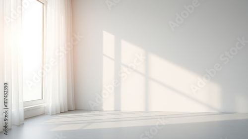 Sunlight streaming through a sheer curtain casts delicate shadows on the white wall and floor of a modern minimalist room.