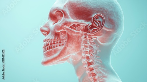 Human Skull Anatomy: A detailed 3D rendering of a human skull in profile view, showcasing the intricate structure of the bones and the delicate anatomy of the head.