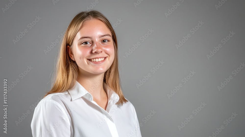 Close-Up Portrait of a Smiling Young Businesswoman in a White Shirt with Studio Lighting on a Grey Background Close-Up Portrait of a Smiling Young Businesswoman in a White Shirt with Studio Lighting on a Grey Background