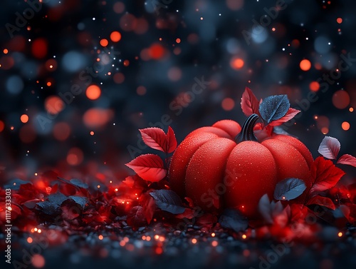 Red Pumpkin Autumnal Scene With Glowing Leaves photo