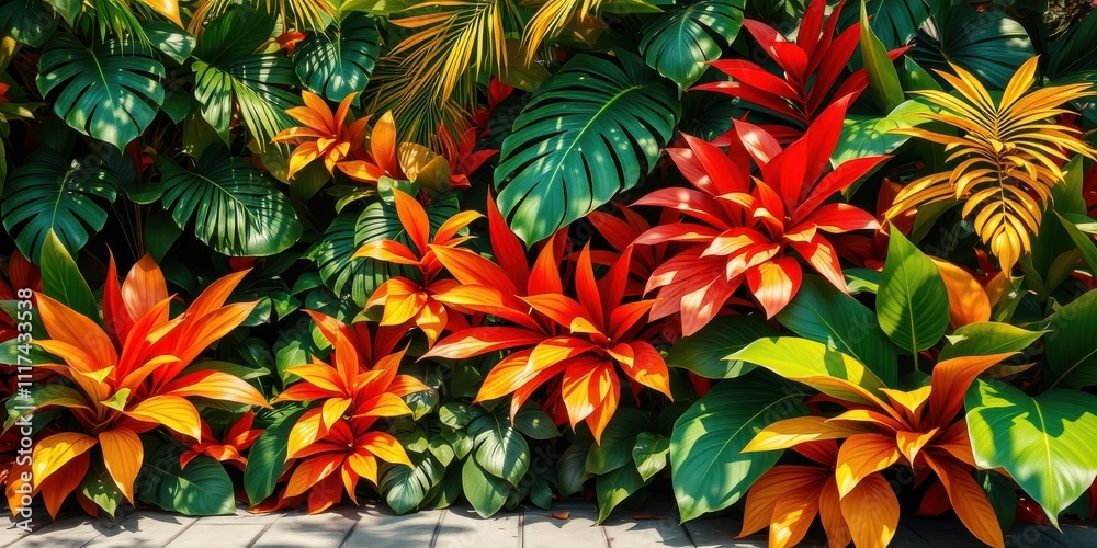 A vibrant display of tropical foliage showcasing the diverse textures and colors of nature's artistry. A vibrant display of tropical foliage showcasing the diverse textures and colors of nature's artistry.