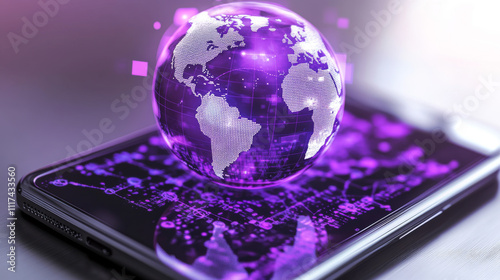 Wallpaper Mural Vector 3d isometric ultraviolet smartphone with world hologram. Puple globe on display of electronic device. Internet connection, social network. Torontodigital.ca