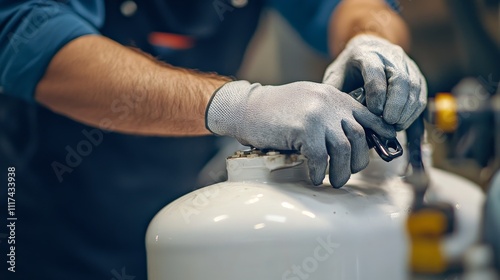 Close-up of a technician's gloved hands working on a gas tank valve, emphasizing industrial labor and safety equipment. photo