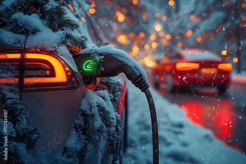  EV Winter Holiday Celebration with Electric Vehicle Charger in Festive Snowy Landscape 

